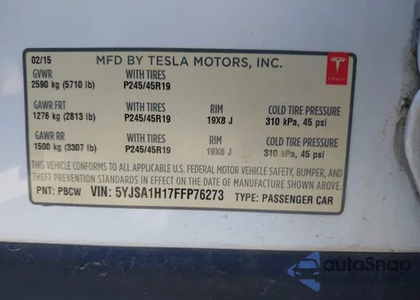 2015 Tesla Model S 60/70/85 from USA, damaged, VIN 5YJSA1H17FFP76273